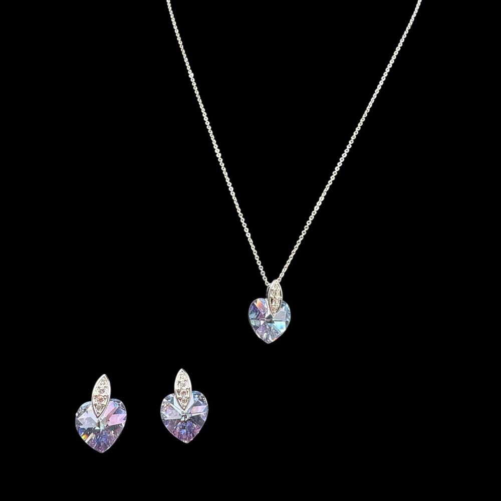 Joan Rivers Lavender/Blue Crystal Heart Necklace & Earring Set Silver Tone